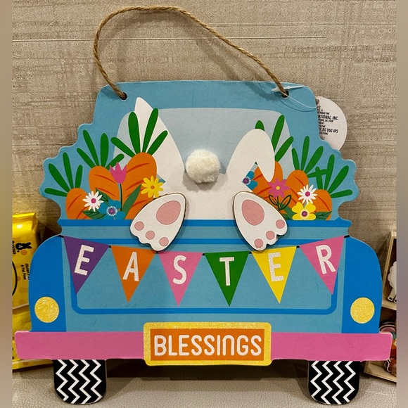 NWT Easter Decor Bunny Truck Wall Sign Farmhouse Spring Decor + Wooden Ornaments - Picture 2 of 4